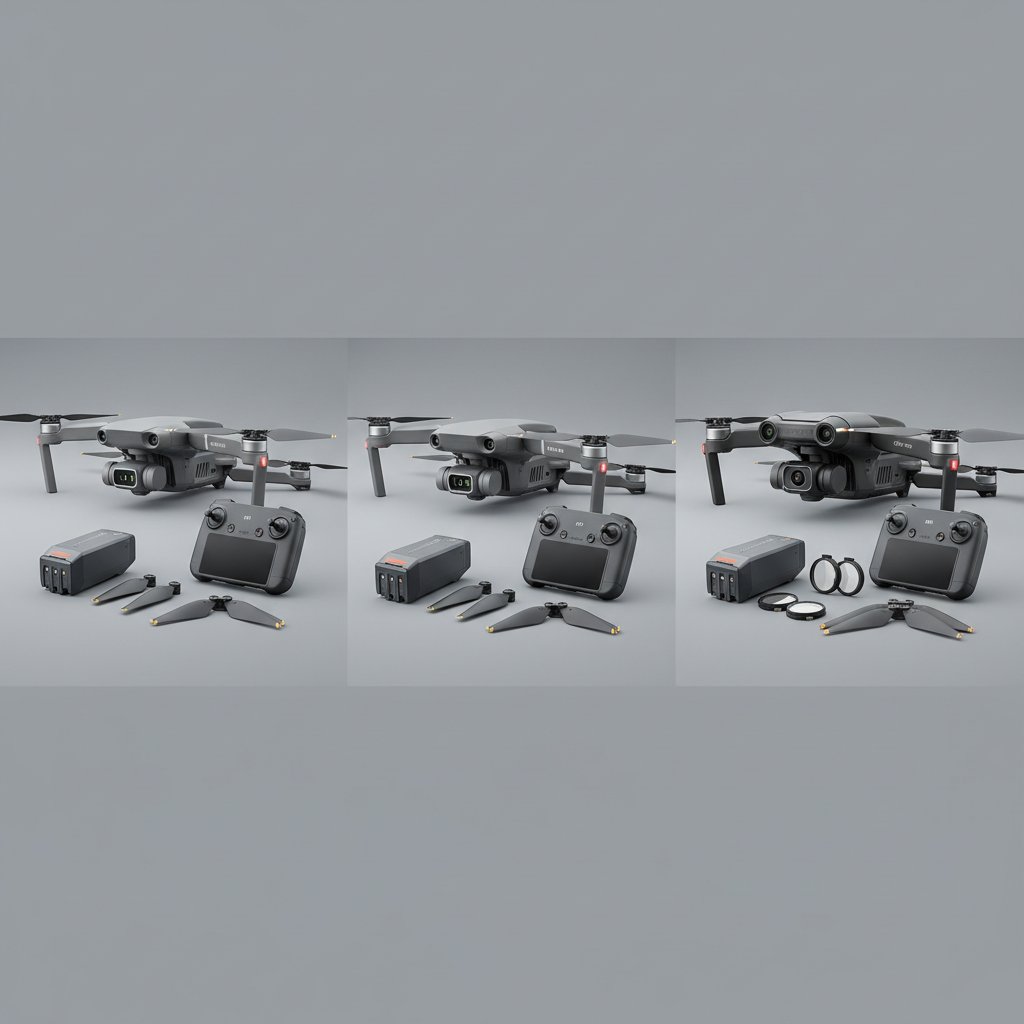 A side-by-side photographic comparison layout of three different DJI drones placed on a seamless neutral gray backdrop, each model positioned at a slight three-quarter angle to clearly show size, camera type, and arm design differences. In front of each drone, matching batteries, controllers, and a few representative accessories are neatly aligned, visually hinting at spec and feature variations without any text. Soft, even studio lighting eliminates harsh shadows, ensuring all details from sensors to prop mounts are clearly visible. The composition is balanced and spacious, with generous negative space for cropping into banners or feature images. The mood is clean, analytical, and bold, ideal for spec comparisons, buying guides, and upgrade recommendations.