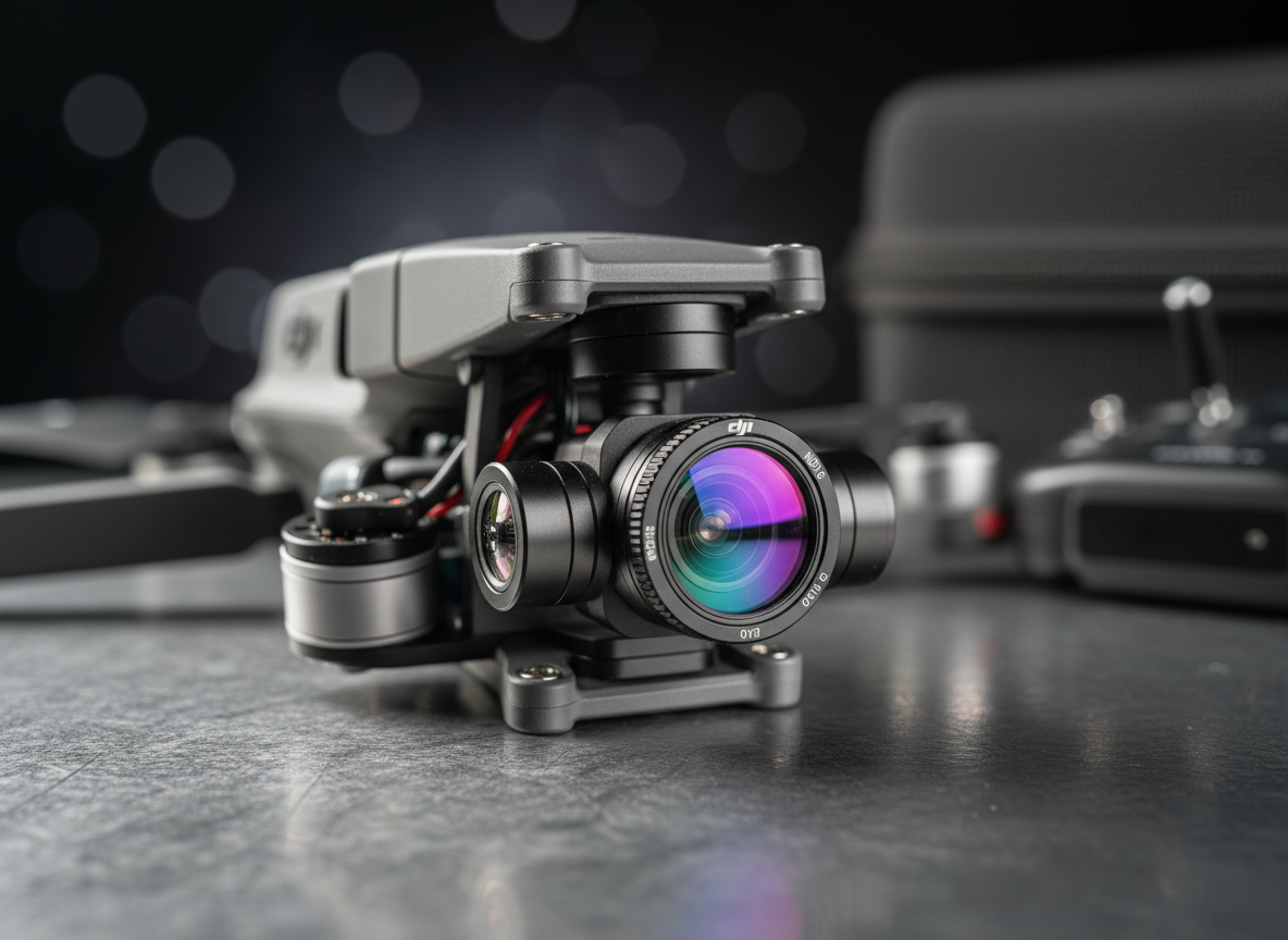 A close-up, photographic macro-style shot of a DJI drone camera gimbal and attached ND filter, mounted on a folded drone resting on a brushed aluminum surface. Every detail of the lens coating, gimbal motors, and tiny engraved markings on the filter ring is rendered in razor-sharp clarity. Soft, diffused overhead lighting creates gentle specular highlights on the metal and glass while keeping reflections controlled and technical. The background falls into a smooth, dark gradient bokeh, hinting at other out-of-focus DJI accessories like spare props and a compact case. The composition is tight and centered, evoking the feel of a precision product showcase ideal for explaining image quality, camera specs, and filter choices for DJI pilots.