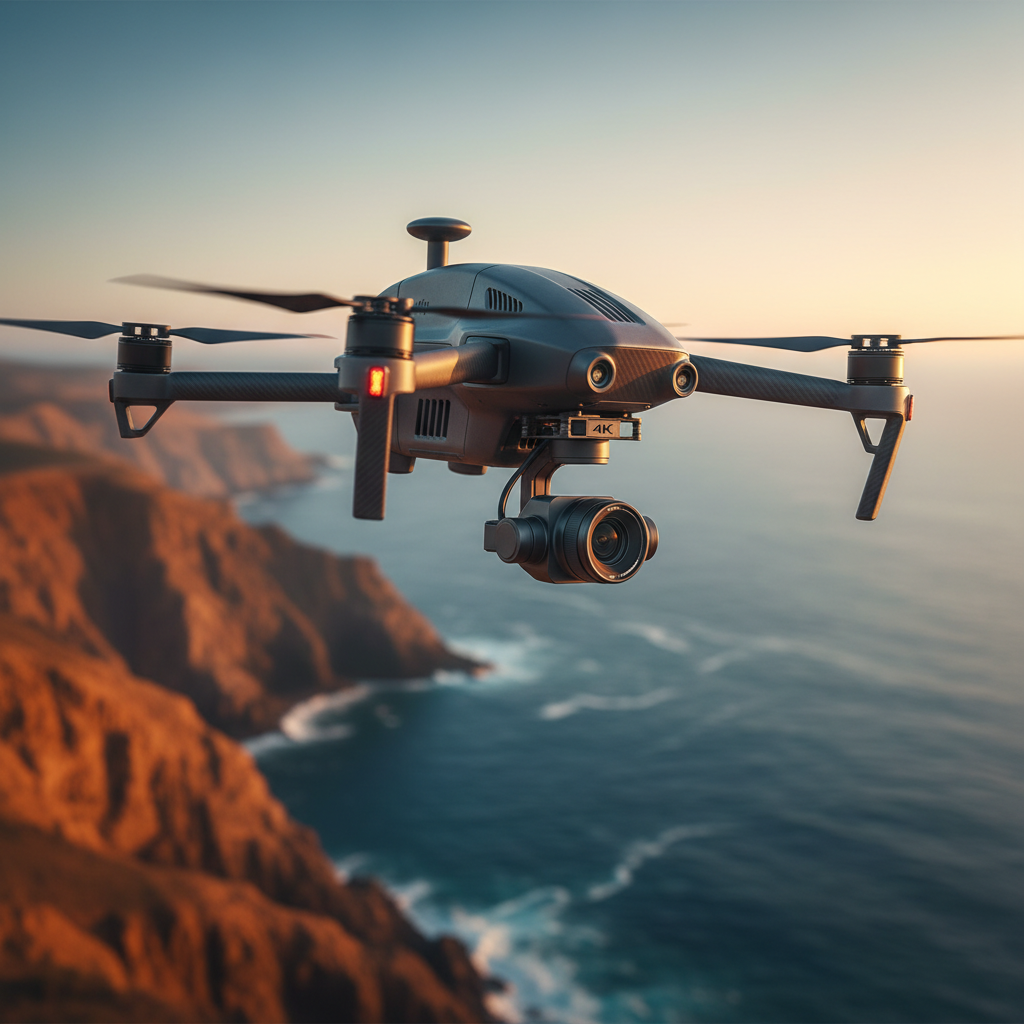 A flagship DJI camera drone hovering in mid-air over a dramatic coastal landscape, its sleek gray body and gimbal-stabilized 4K camera crisply detailed. Below, jagged cliffs and deep blue water fall into soft blur, emphasizing the drone as the bold focal point. Late afternoon golden-hour sunlight glints off the propeller arms and sensor housings, creating sharp highlights and confident shadows. Captured from a slightly low, three-quarter angle for a powerful, heroic perspective. The composition follows the rule of thirds with a shallow depth of field, rendered in high-resolution photographic realism. The overall mood is dynamic and aspirational, perfectly suited to a bold technology site about DJI drones and aerial imaging.