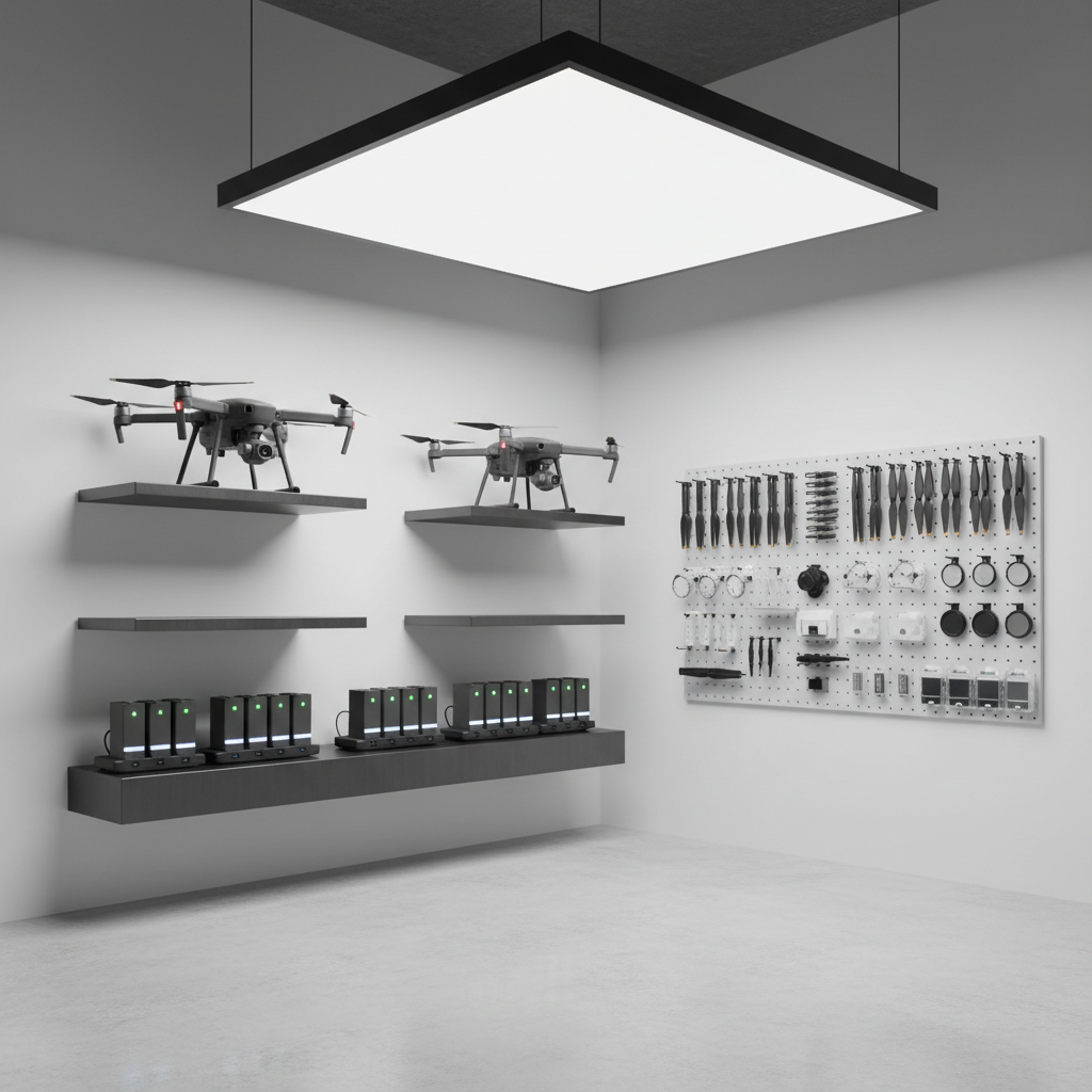 An immaculate storage and charging station for multiple DJI drones and parts in a minimalist studio corner. Two DJI drones sit unfolded on individual matte black shelves, with clearly visible gimbals and propellers, while below them dedicated charging docks hold rows of DJI smart batteries glowing with subtle charge indicators. Nearby, a wall-mounted pegboard displays neatly arranged propellers, gimbal covers, and camera filters. Bright, even artificial lighting from a ceiling panel bathes the scene in clean white light, emphasizing order and readiness. Captured in photographic realism from a straight-on eye-level perspective, the composition is structured and bold, ideal for illustrating organization tips, gear management, and pre-flight preparation guides.