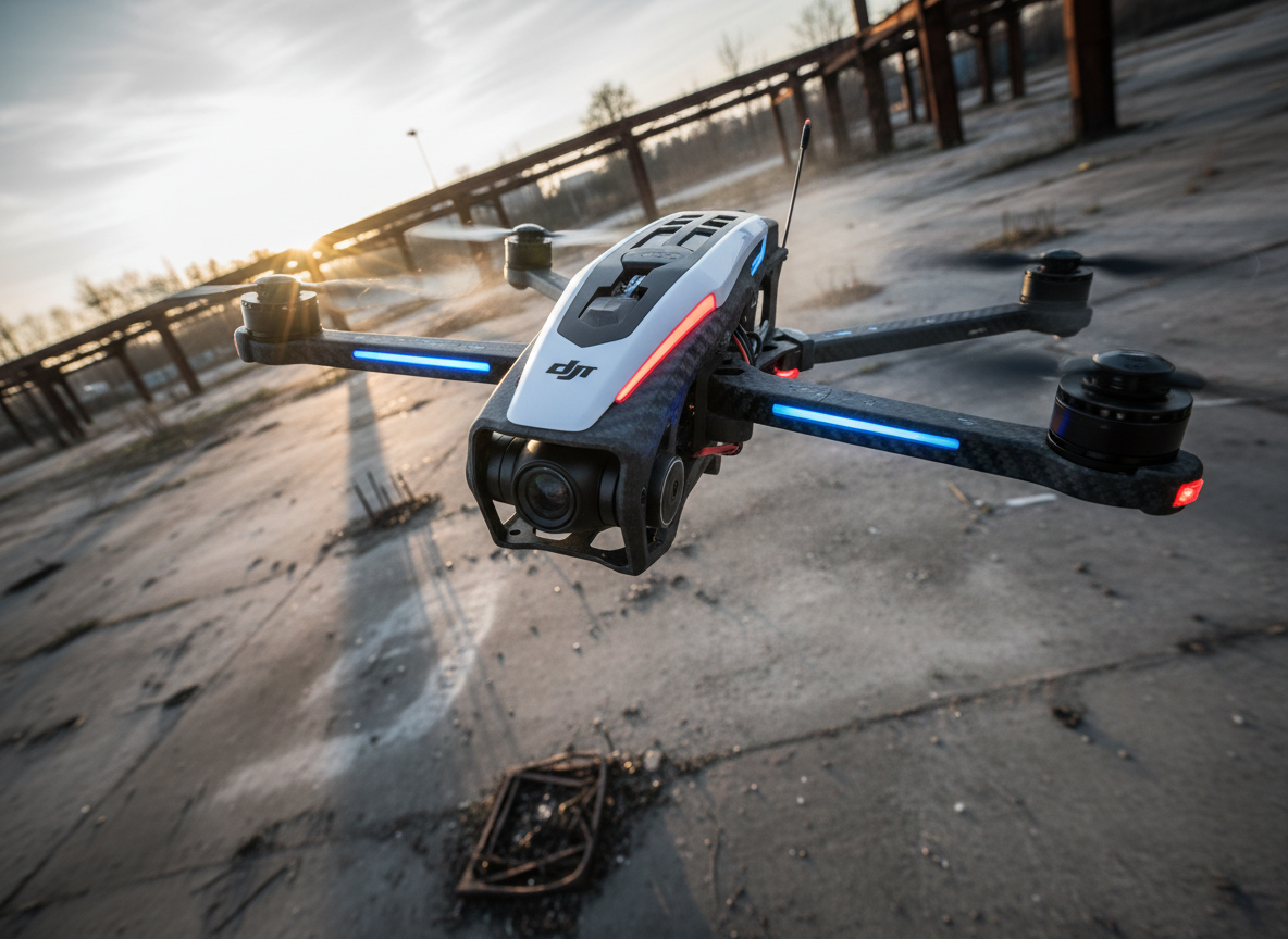 A DJI FPV-style racing drone in photographic realism, captured mid-dive above an empty industrial lot, its aerodynamic frame, exposed carbon fiber arms, and front-mounted camera sharply in focus. The blurred ground below streaks diagonally to convey intense speed and agility. Strong side lighting from a low sun rakes across the frame, throwing bold, elongated shadows and emphasizing the aggressive lines of the drone’s body. The color palette is vivid and high-contrast, with bright LED accents on the drone standing out against muted concrete and metal textures. Shot from a dynamic chase-camera perspective with a wide lens, the composition feels immersive and adrenaline-charged, perfect for content about high-performance DJI FPV setups and tuning guides.