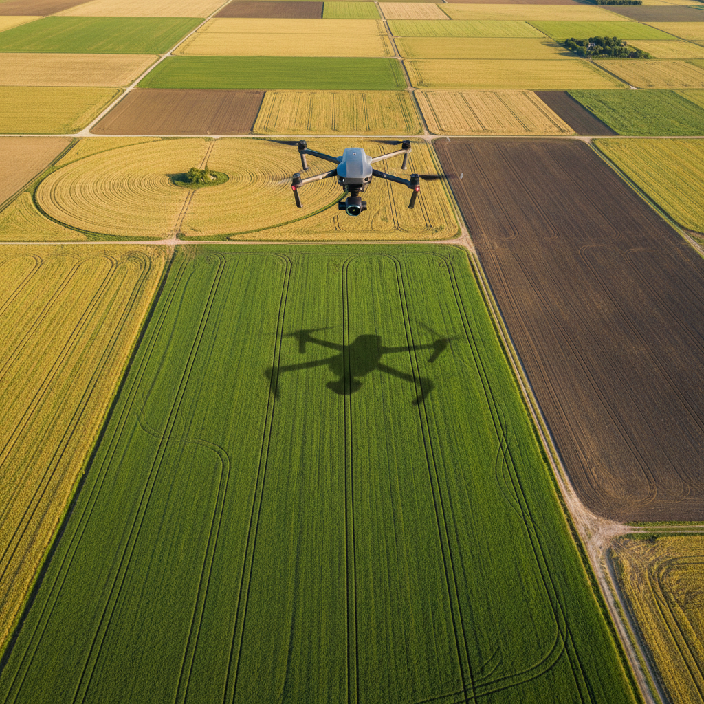 A cinematic aerial photographic shot looking down at a DJI drone flying above a patchwork of farmland, its shadow sharply defined on a vivid green field below. The drone is framed near the top of the image, with its sleek gray body and camera gimbal clearly visible despite the high angle. Late morning sunlight creates crisp, natural contrast across the fields, highlighting irrigation lines and tractor paths that add geometric structure to the composition. The mood is purposeful and professional, suggesting surveying, mapping, or agricultural monitoring with DJI platforms. The overall style is bold and realistic, ideal for illustrating practical, real-world applications and guides for commercial DJI drone operations.