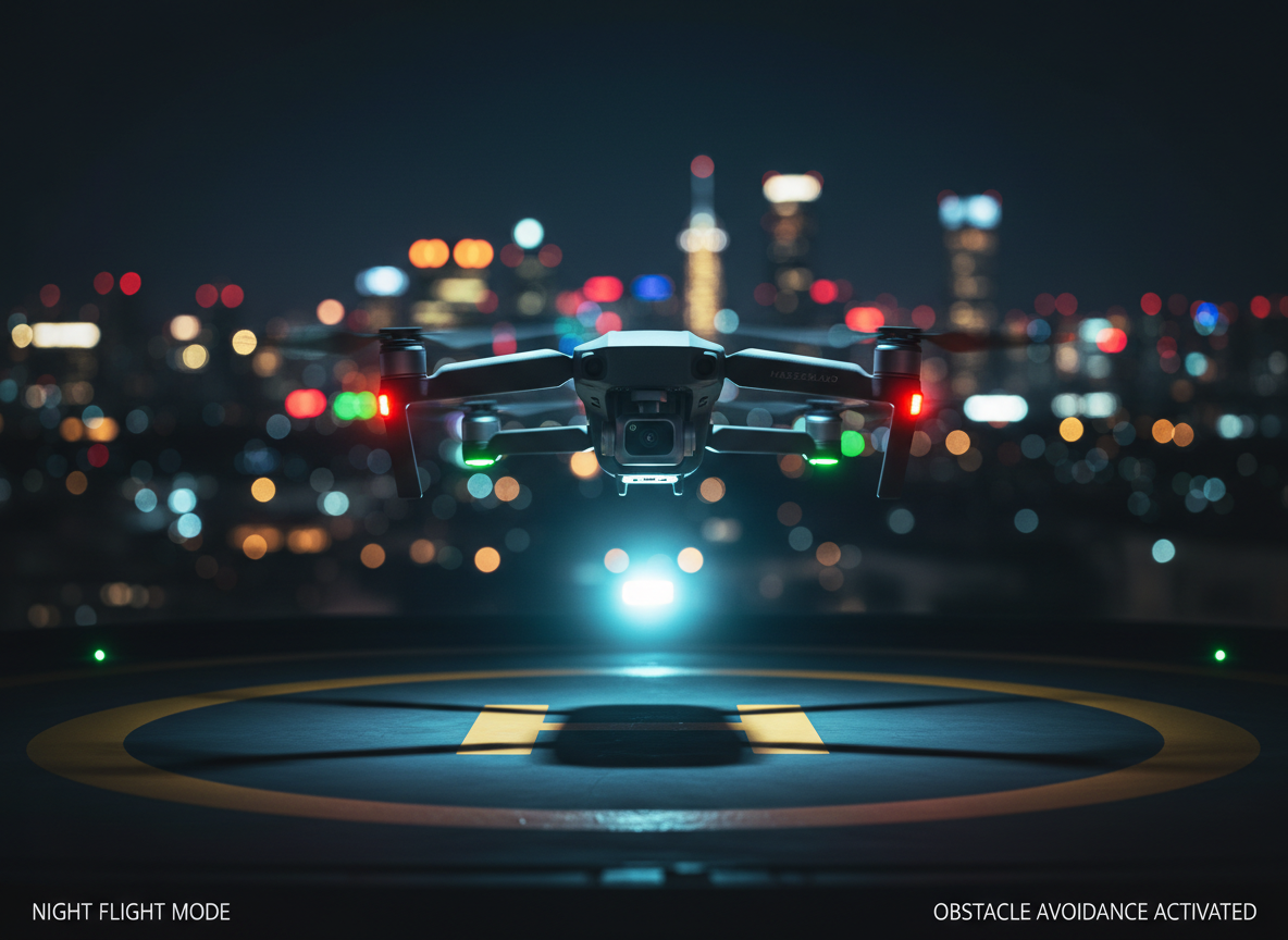A dramatic night scene of a DJI drone hovering above a city rooftop landing pad, its obstacle-avoidance sensors and navigation LEDs glowing vividly in the dark. The drone’s body and propellers are captured in crisp photographic detail, with subtle motion blur at the tips of the props to suggest rotation. The out-of-focus city skyline behind forms a bokeh of colorful lights. A single, cool spotlight from below grazes the underside of the drone, carving out strong highlights and shadows that emphasize its engineering. Framed from a slightly low angle with the drone centered, the mood is bold, high-tech, and cinematic, ideal for illustrating advanced flight modes, safety features, and night flying tips for DJI users.