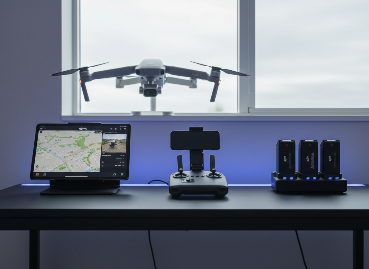 A modern home studio desk setup featuring a DJI drone controller, tablet displaying a live flight interface, and labeled DJI batteries arranged in a tidy charging station along the edge of a matte black desk. The drone itself sits slightly out of focus in the background near a large window, its arms folded but instantly recognizable. Soft, overcast daylight streams in, balanced by subtle, cool-toned LED accent lighting along the back of the desk, creating a bold yet controlled tech atmosphere. Shot at eye level with moderate depth of field, the composition feels like a practical, real-world flight-planning workspace, ideal for tutorials, beginner guides, and gear comparison articles.