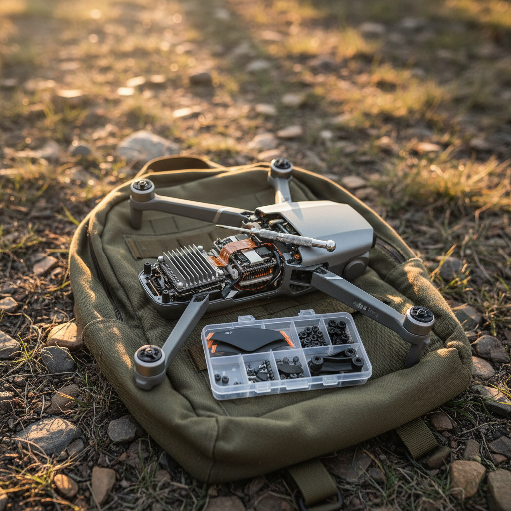 A rugged outdoor field repair scene featuring a DJI drone resting on a textured backpack, its top cover removed to reveal internal components, with a precision screwdriver and small organizer tray of DJI-branded screws, props, and arm joints nearby. The setting is a rocky clearing with muted earth tones, suggesting an off-grid flying location. Late afternoon sunlight filters through unseen trees, creating dappled highlights on the drone’s frame and subtle shadows on the ground. Shot from a slightly elevated angle in crisp photographic realism, the composition feels hands-on and practical, highlighting maintenance, parts replacement, and repair tutorials for DJI pilots who push their gear in challenging environments.