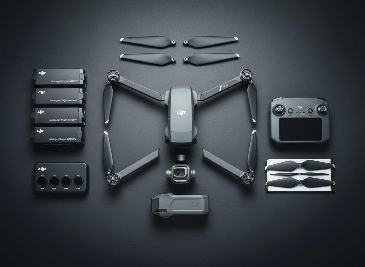 A clean overhead photographic view of a DJI drone unassembled on a dark matte workbench, each arm, propeller, battery, and gimbal component laid out with precise spacing like an exploded diagram. Around the main body, neatly arranged DJI-branded batteries, ND filters, spare props, and a compact controller suggest a comprehensive parts and accessories guide. Cool, diffused studio lighting from above creates minimal reflections and crisp, technical shadows that emphasize contours and textures. The background fades subtly at the edges, keeping focus on the gear. The composition is symmetrical and engineered, with a bold, high-contrast aesthetic that feels like an informative comparison layout for drone enthusiasts of all skill levels.