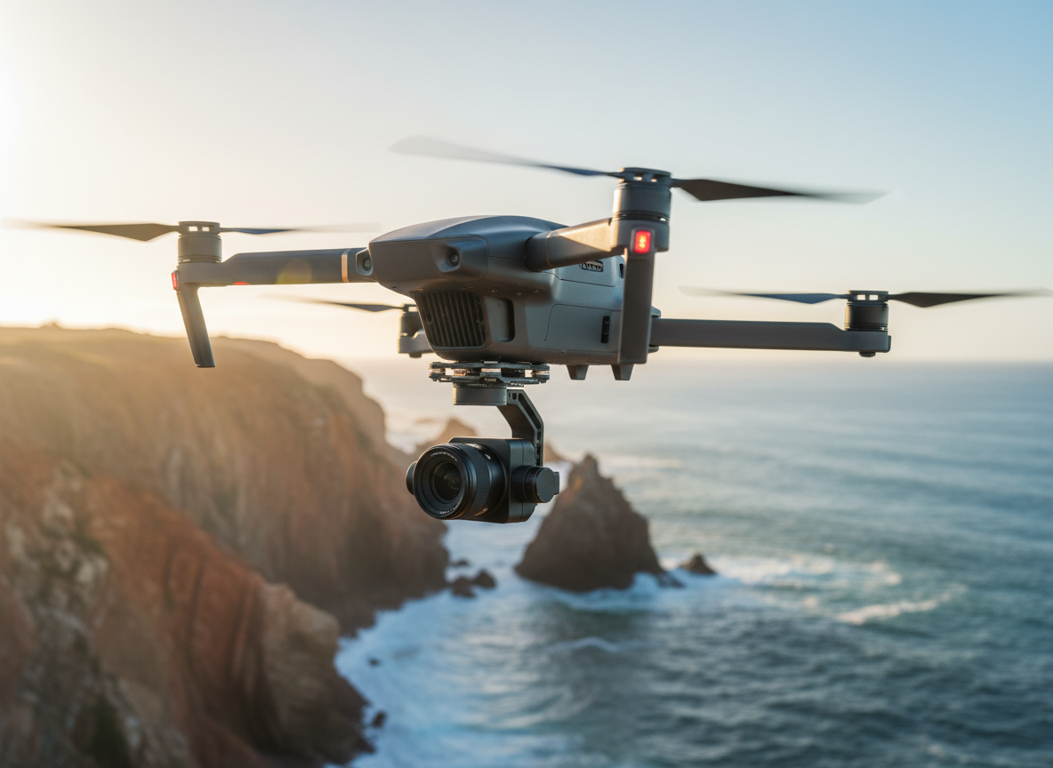 A flagship DJI camera drone hovering in mid-air over a dramatic coastal landscape, its sleek gray body and gimbal-stabilized 4K camera crisply detailed. Below, jagged cliffs and deep blue water fall into soft blur, emphasizing the drone as the bold focal point. Late afternoon golden-hour sunlight glints off the propeller arms and sensor housings, creating sharp highlights and confident shadows. Captured from a slightly low, three-quarter angle for a powerful, heroic perspective. The composition follows the rule of thirds with a shallow depth of field, rendered in high-resolution photographic realism. The overall mood is dynamic and aspirational, perfectly suited to a bold technology site about DJI drones and aerial imaging.
